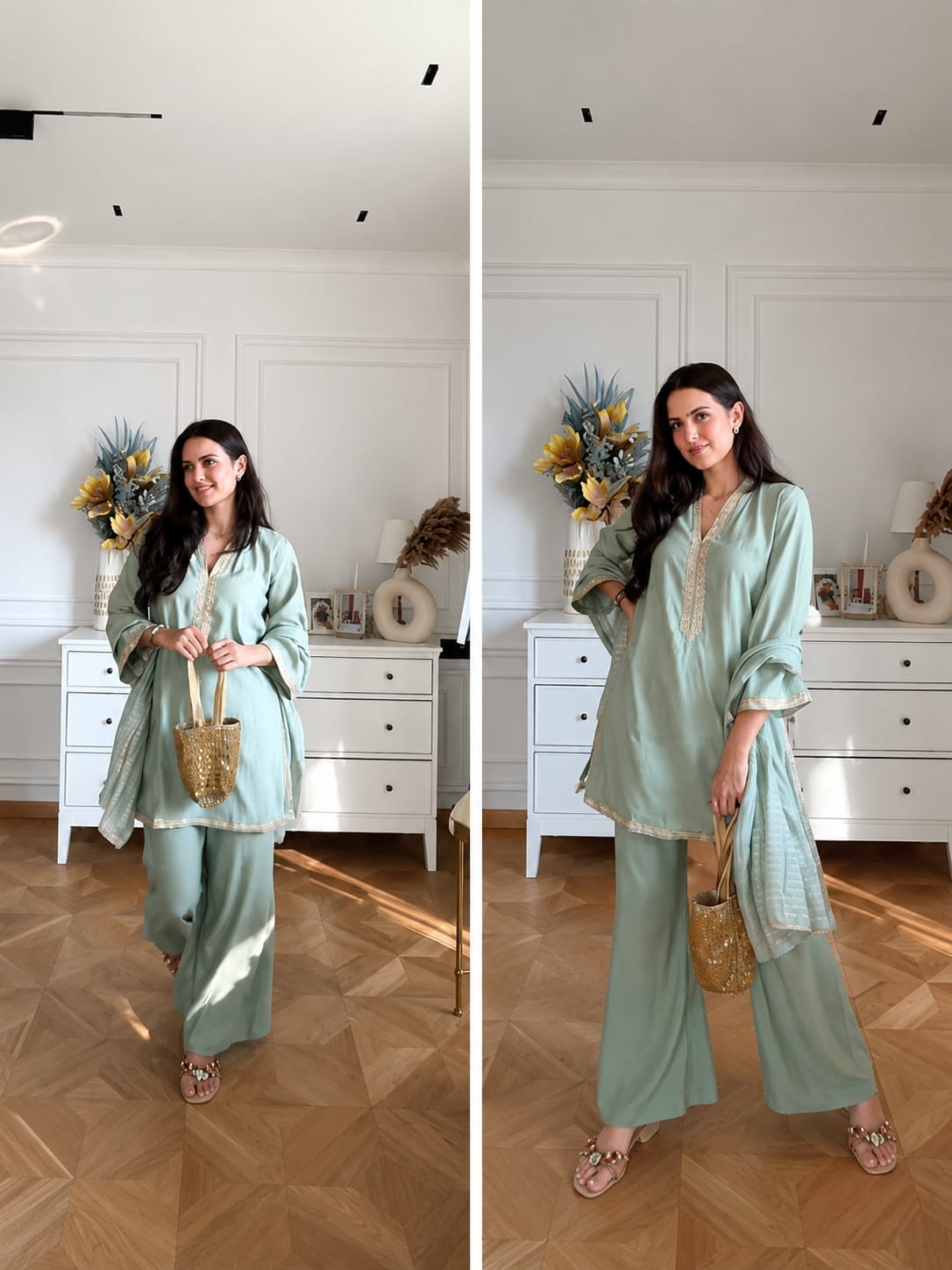 Banana Silk Palazzo Suit Set with Jacquard Weaving Dupatta | 3-Piece Set