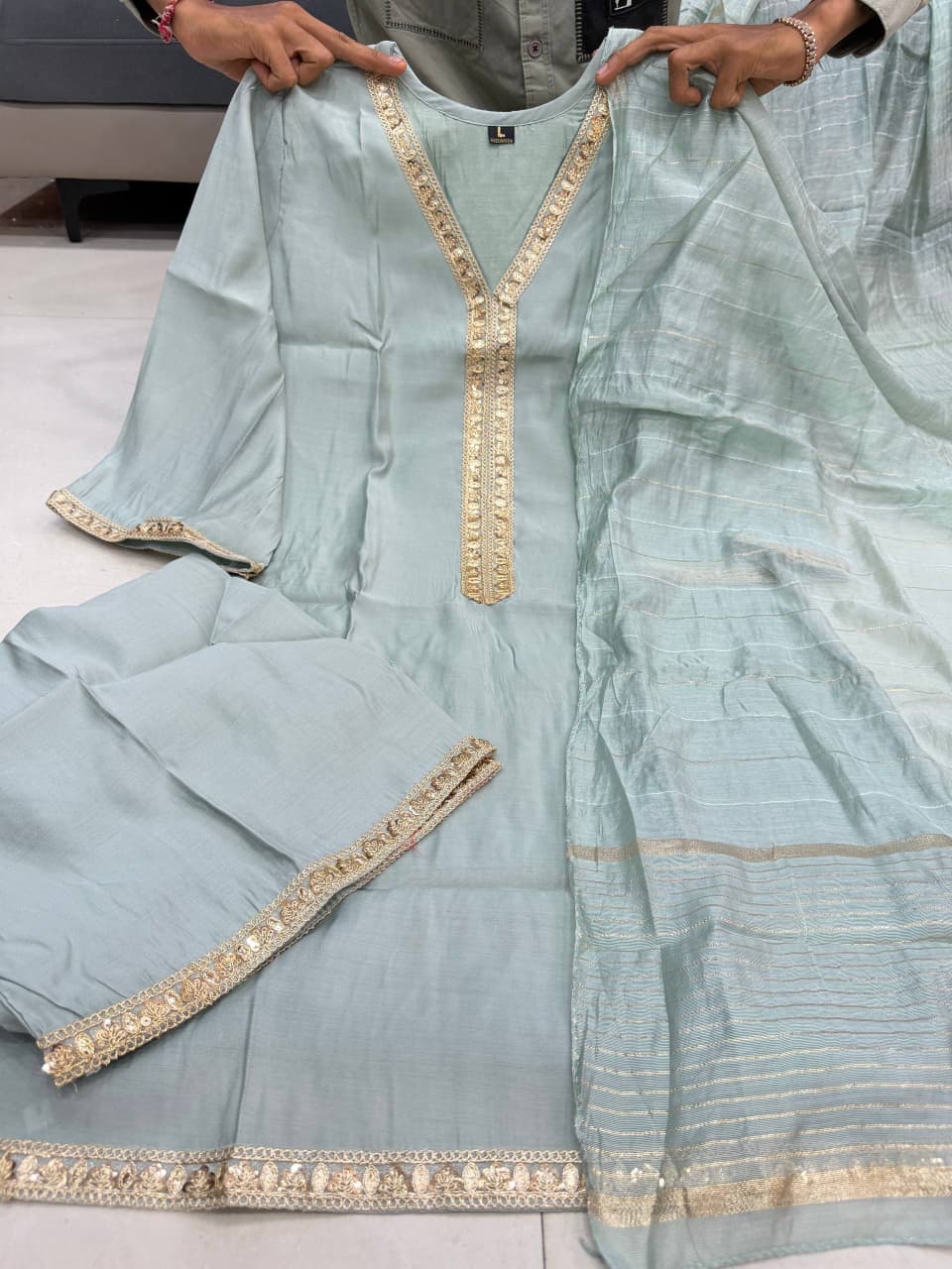 Banana Silk Palazzo Suit Set with Jacquard Weaving Dupatta | 3-Piece Set