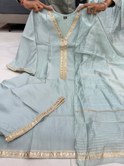 Banana Silk Palazzo Suit Set with Jacquard Weaving Dupatta | 3-Piece Set