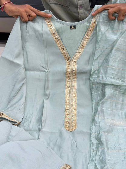 Banana Silk Palazzo Suit Set with Jacquard Weaving Dupatta | 3-Piece Set