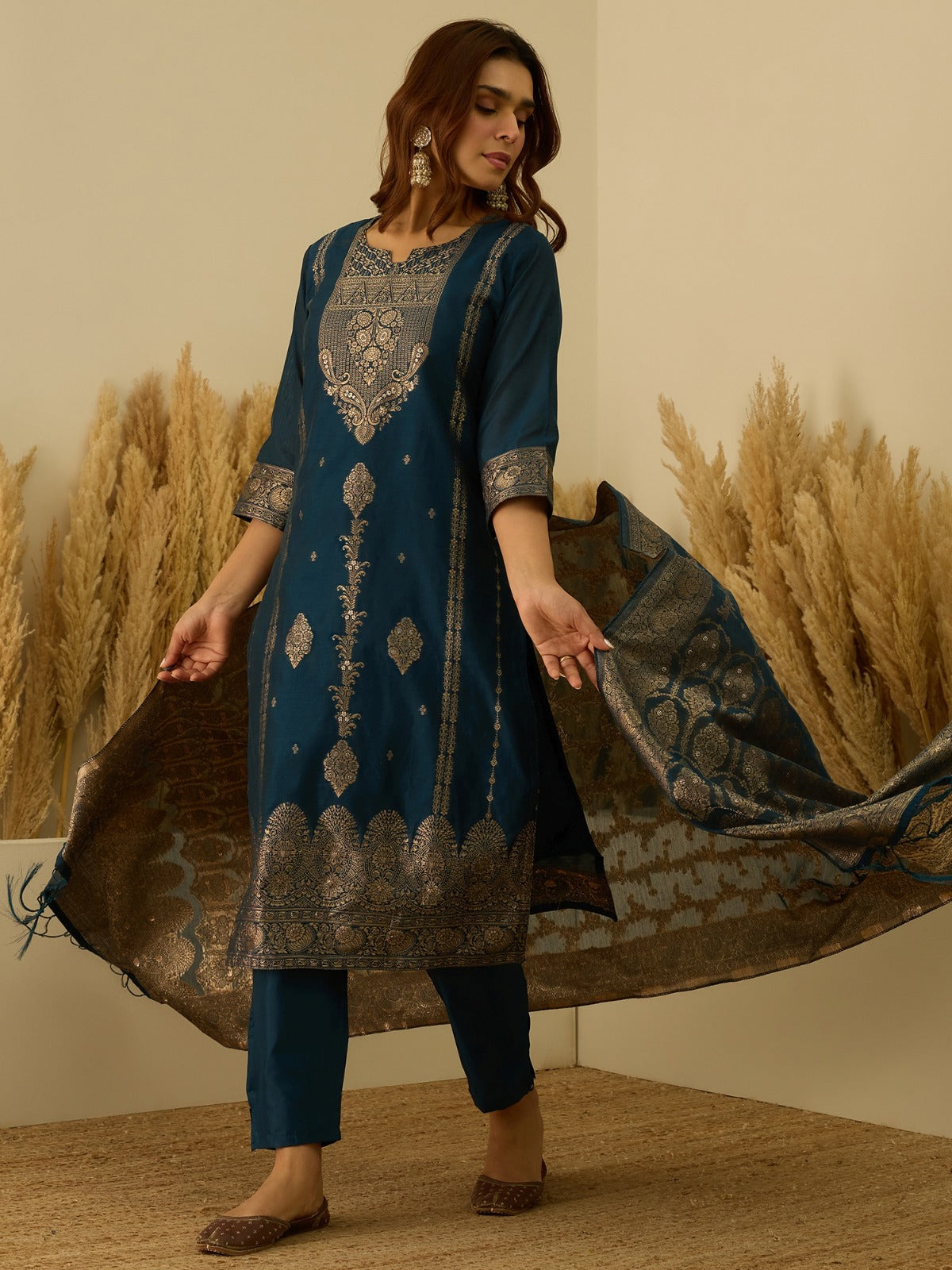 Banarasi Jacquard Zari Woven Straight Kurta Pant with Dupatta Set