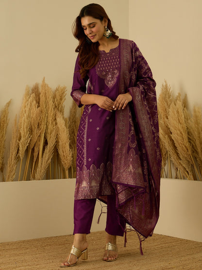 Banarasi Jacquard Zari Woven Straight Kurta Pant with Dupatta Set