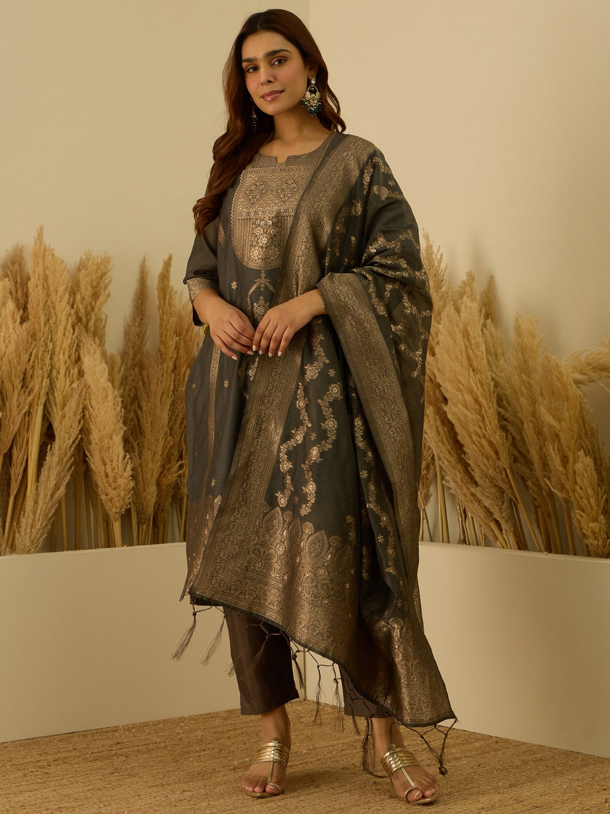 Banarasi Jacquard Zari Woven Straight Kurta Pant with Dupatta Set