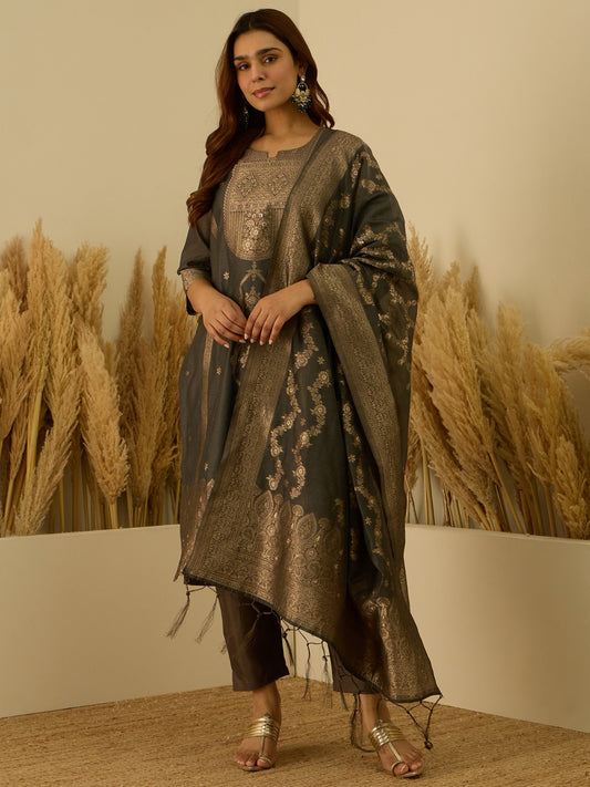 Banarasi Jacquard Zari Woven Straight Kurta Pant with Dupatta Set