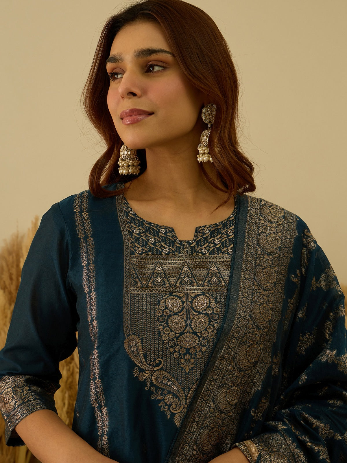 Banarasi Jacquard Zari Woven Straight Kurta Pant with Dupatta Set