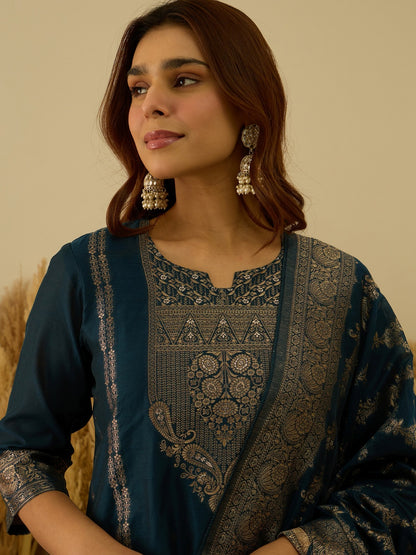 Banarasi Jacquard Zari Woven Straight Kurta Pant with Dupatta Set