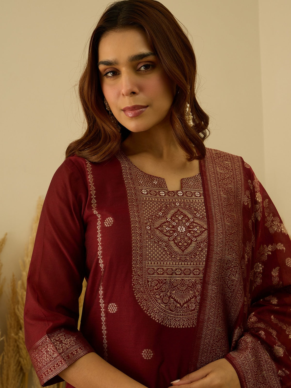 Banarasi Jacquard Zari Woven Straight Kurta Pant with Dupatta Set