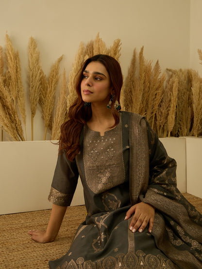 Banarasi Jacquard Zari Woven Straight Kurta Pant with Dupatta Set