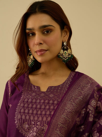 Banarasi Jacquard Zari Woven Straight Kurta Pant with Dupatta Set