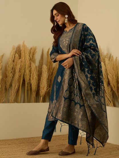 Banarasi Jacquard Zari Woven Straight Kurta Pant with Dupatta Set