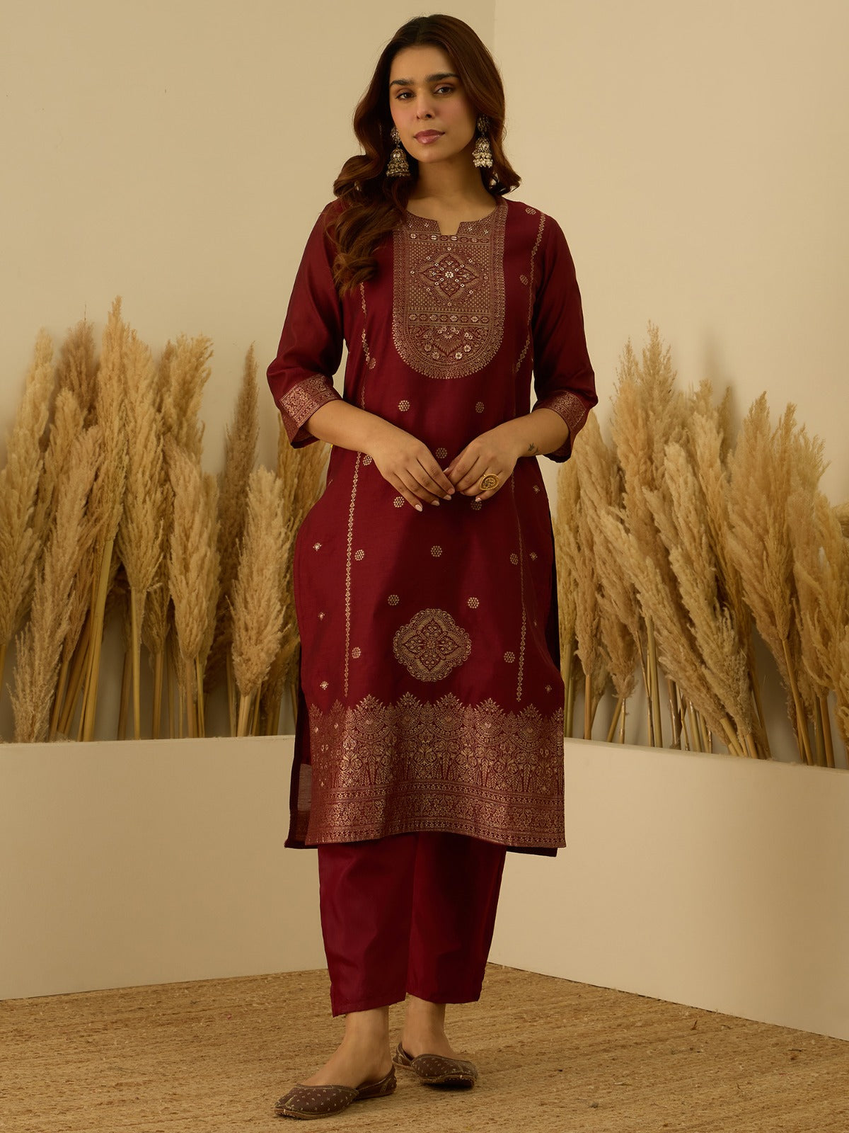 Banarasi Jacquard Zari Woven Straight Kurta Pant with Dupatta Set