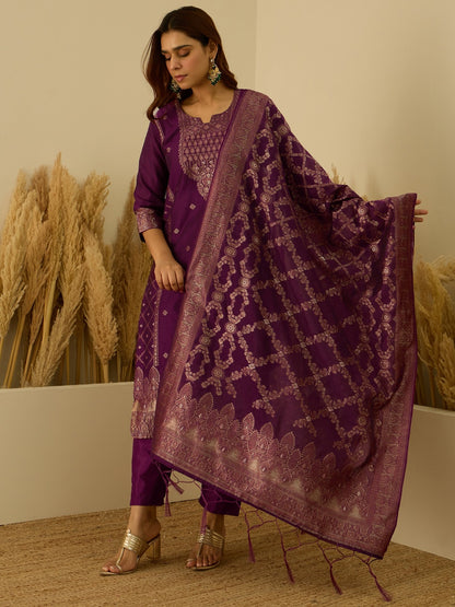 Banarasi Jacquard Zari Woven Straight Kurta Pant with Dupatta Set