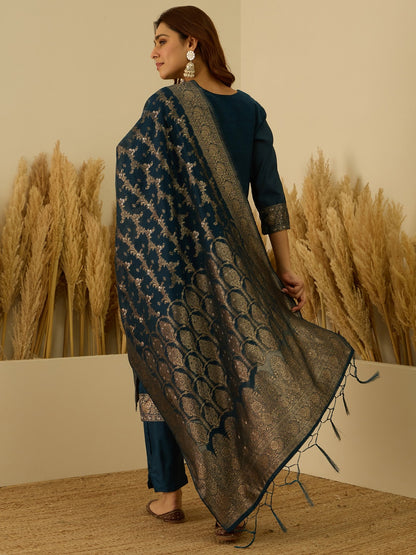 Banarasi Jacquard Zari Woven Straight Kurta Pant with Dupatta Set