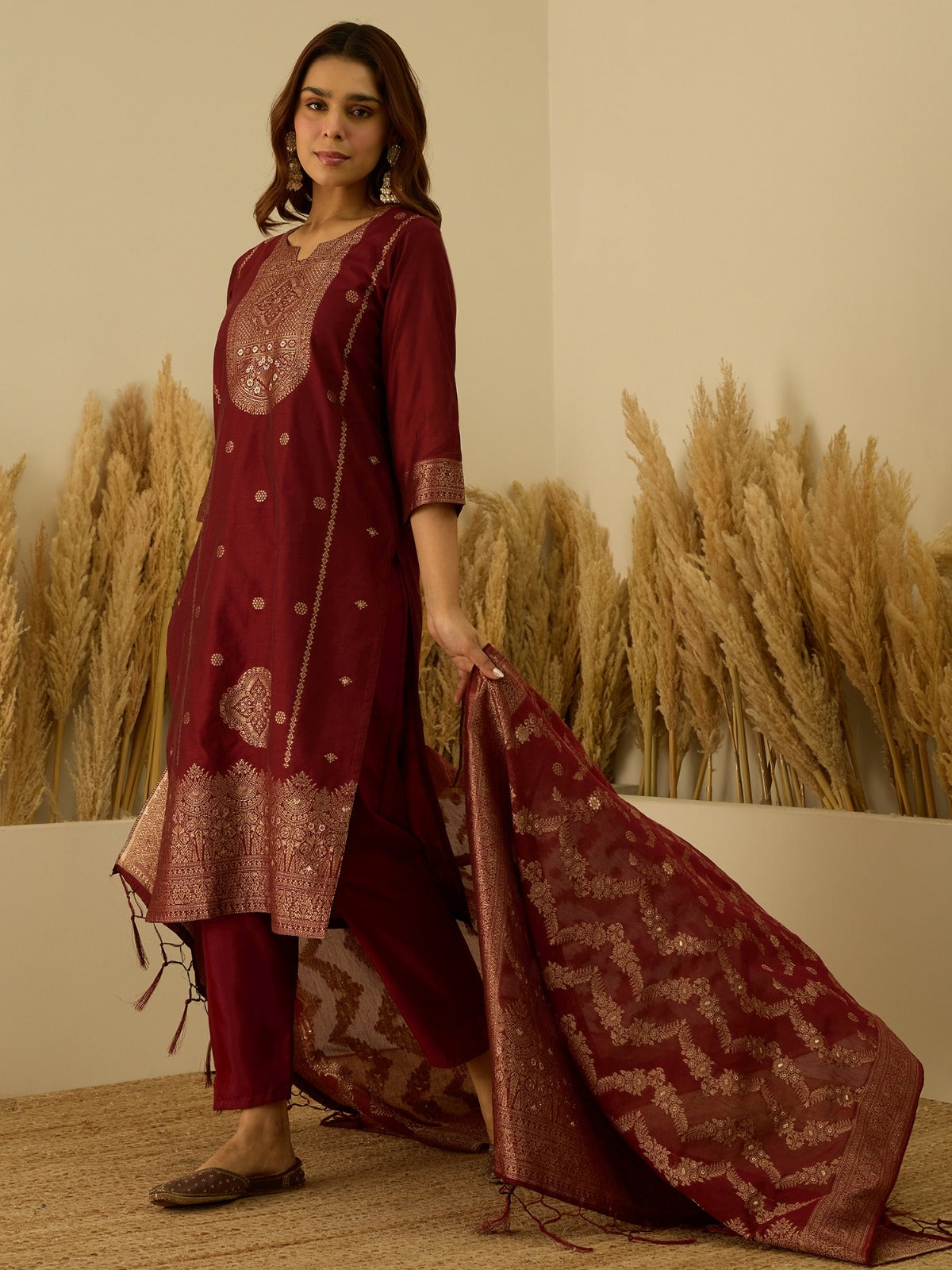 Banarasi Jacquard Zari Woven Straight Kurta Pant with Dupatta Set