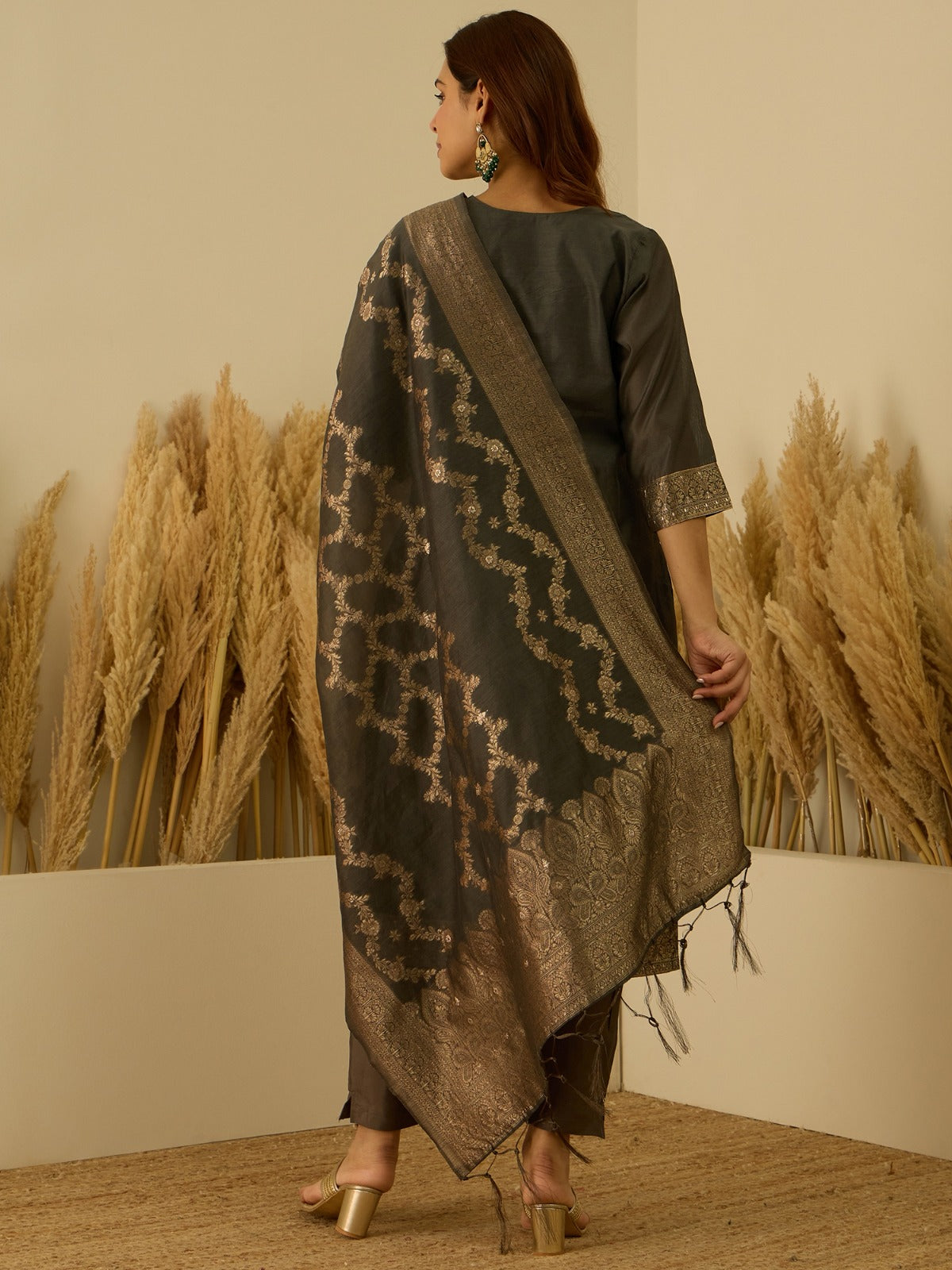 Banarasi Jacquard Zari Woven Straight Kurta Pant with Dupatta Set