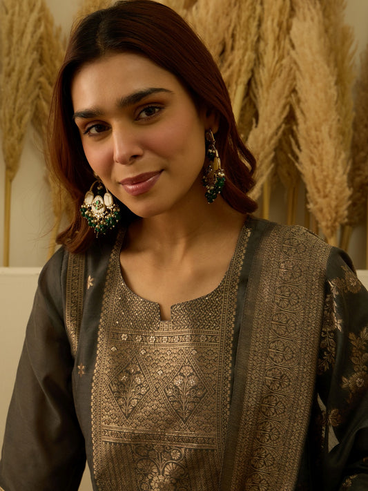 Banarasi Jacquard Zari Woven Straight Kurta Pant with Dupatta Set