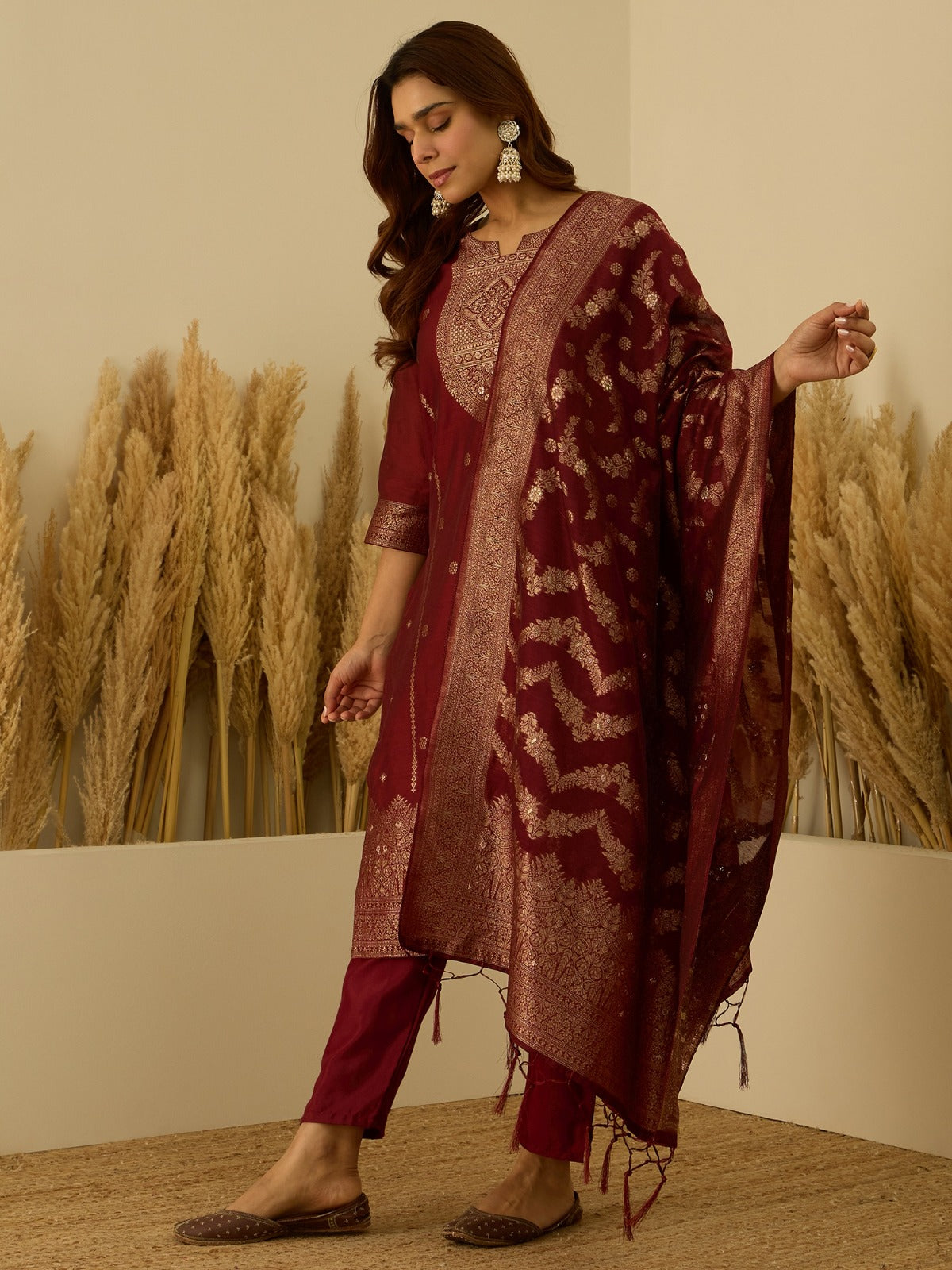 Banarasi Jacquard Zari Woven Straight Kurta Pant with Dupatta Set