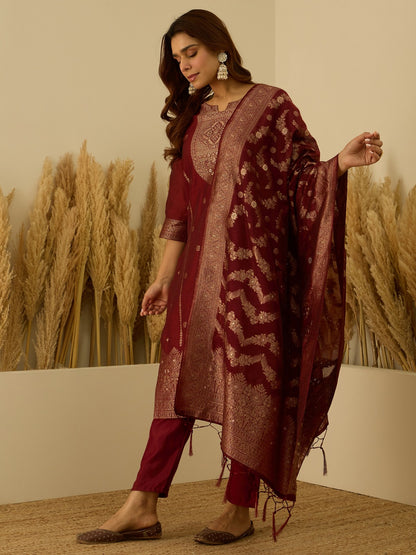 Banarasi Jacquard Zari Woven Straight Kurta Pant with Dupatta Set
