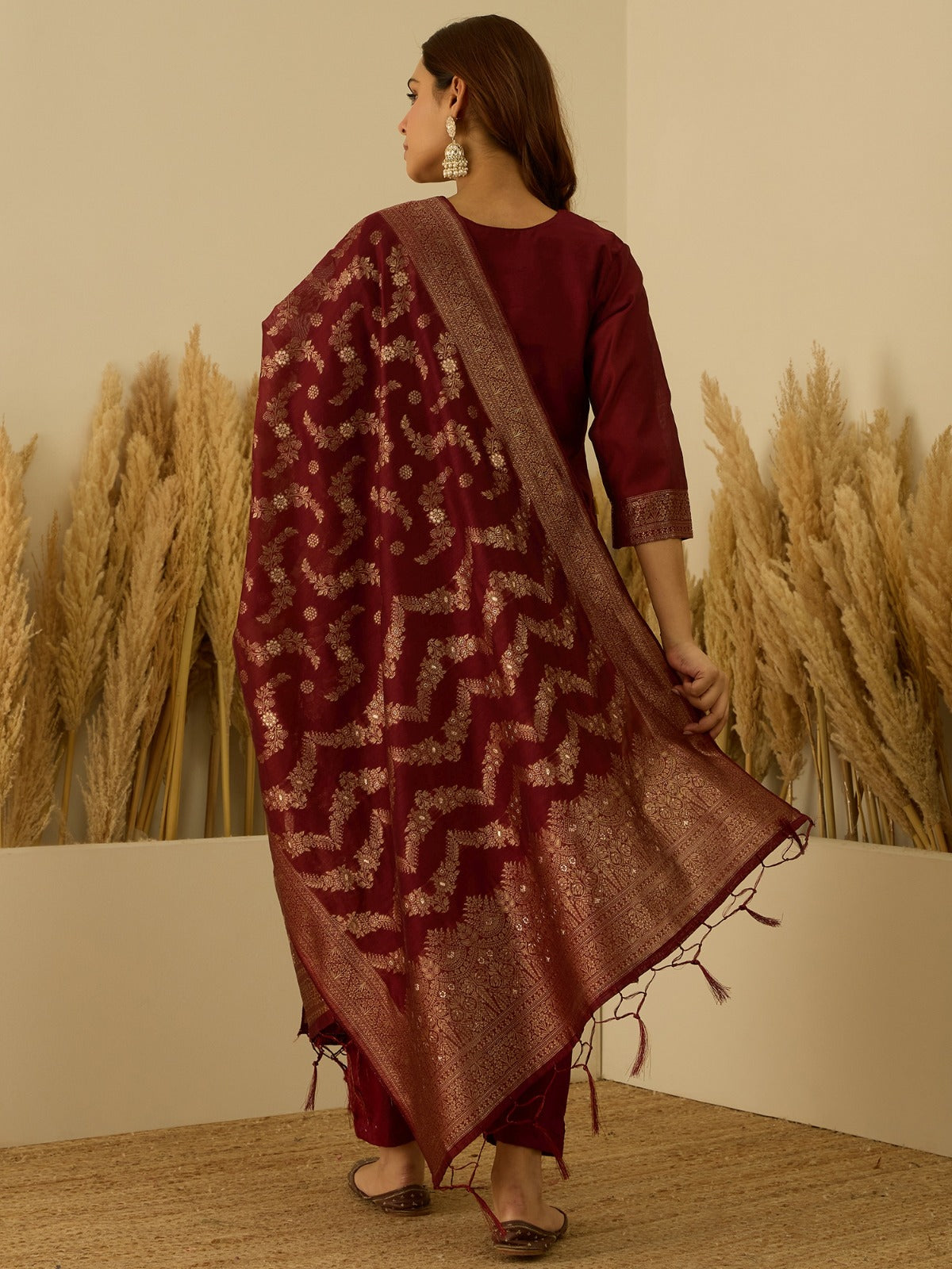 Banarasi Jacquard Zari Woven Straight Kurta Pant with Dupatta Set