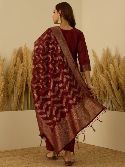 Banarasi Jacquard Zari Woven Straight Kurta Pant with Dupatta Set