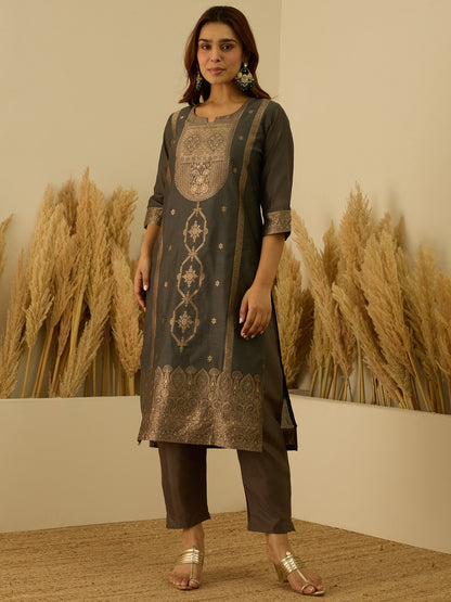Banarasi Jacquard Zari Woven Straight Kurta Pant with Dupatta Set