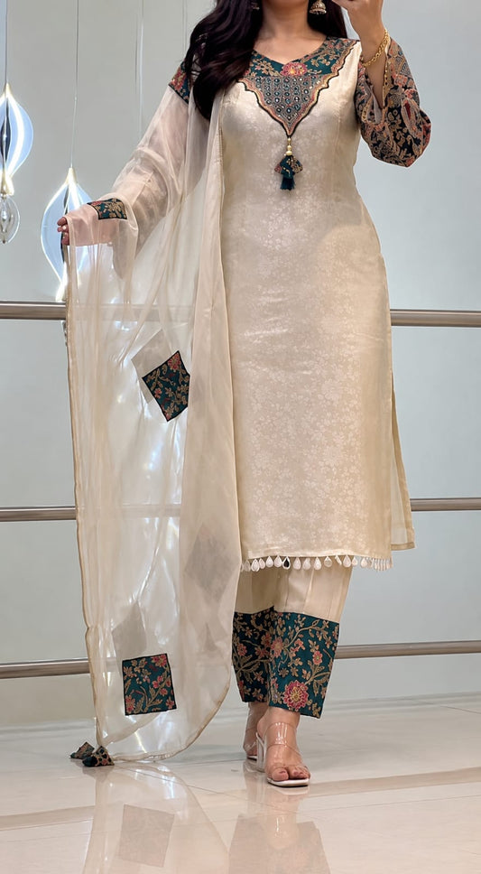 Banarasi Weaving Suit Set with Zari Jacquard Neck Work | Top, Pant & Dupatta (3-Piece)