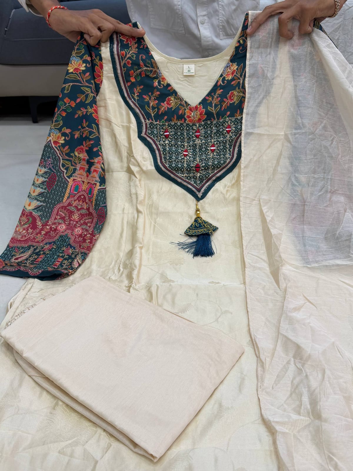 Banarasi Weaving Suit Set with Zari Jacquard Neck Work | Top, Pant & Dupatta (3-Piece)