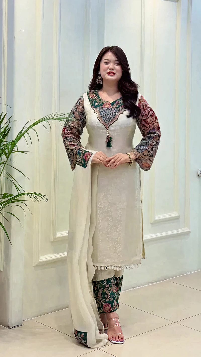 Banarasi Weaving Suit Set with Zari Jacquard Neck Work | Top, Pant & Dupatta (3-Piece)