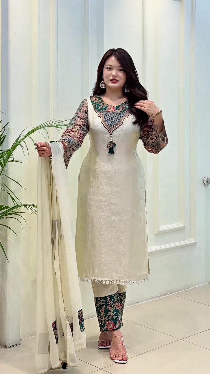 Banarasi Weaving Suit Set with Zari Jacquard Neck Work | Top, Pant & Dupatta (3-Piece)