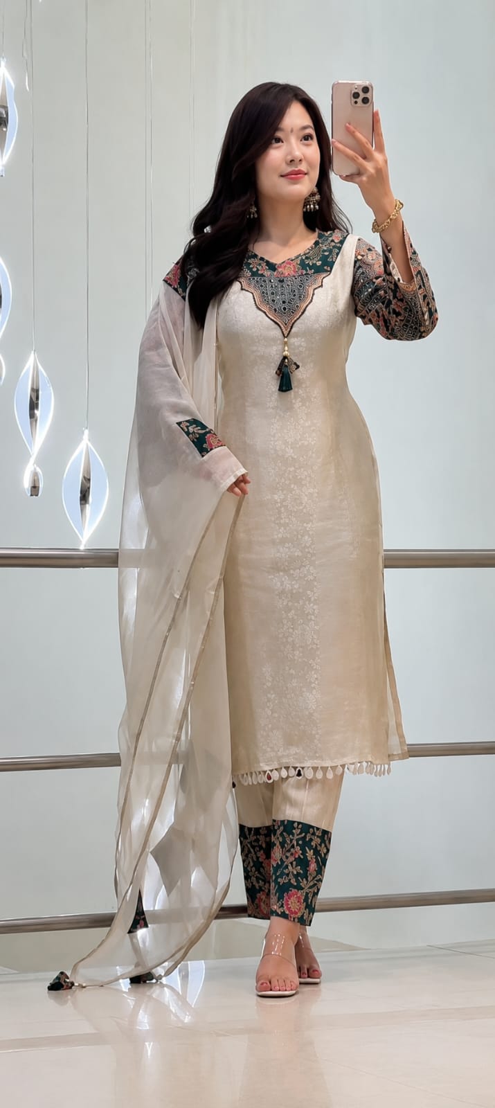 Banarasi Weaving Suit Set with Zari Jacquard Neck Work | Top, Pant & Dupatta (3-Piece)