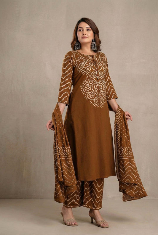 Bandhani Discharge Printed Cotton Suit Set with Pant & Dupatta