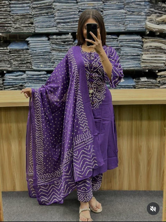 Bandhani Discharge Printed Cotton Suit Set with Pant & Dupatta