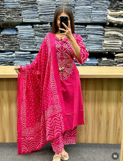 Bandhani Discharge Printed Cotton Suit Set with Pant & Dupatta
