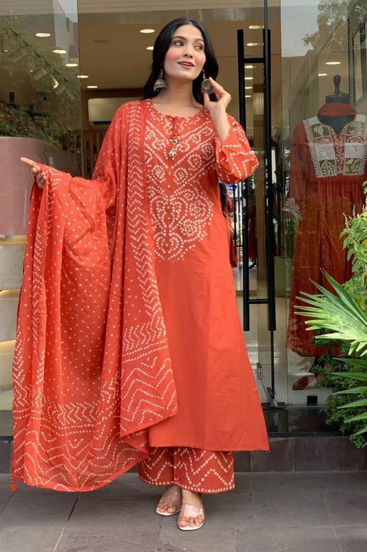 Bandhani Discharge Printed Cotton Suit Set with Pant & Dupatta
