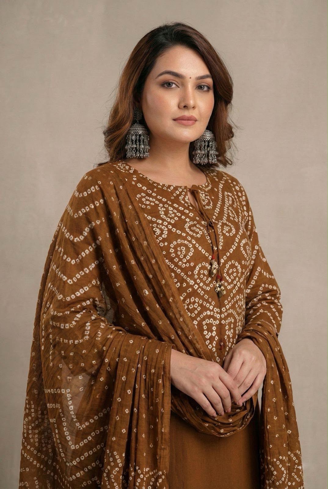 Bandhani Discharge Printed Cotton Suit Set with Pant & Dupatta