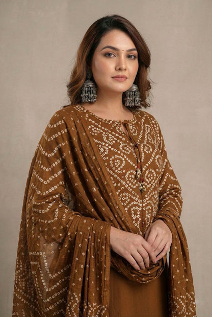 Bandhani Discharge Printed Cotton Suit Set with Pant & Dupatta