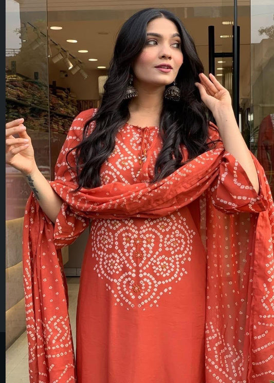 Bandhani Discharge Printed Cotton Suit Set with Pant & Dupatta