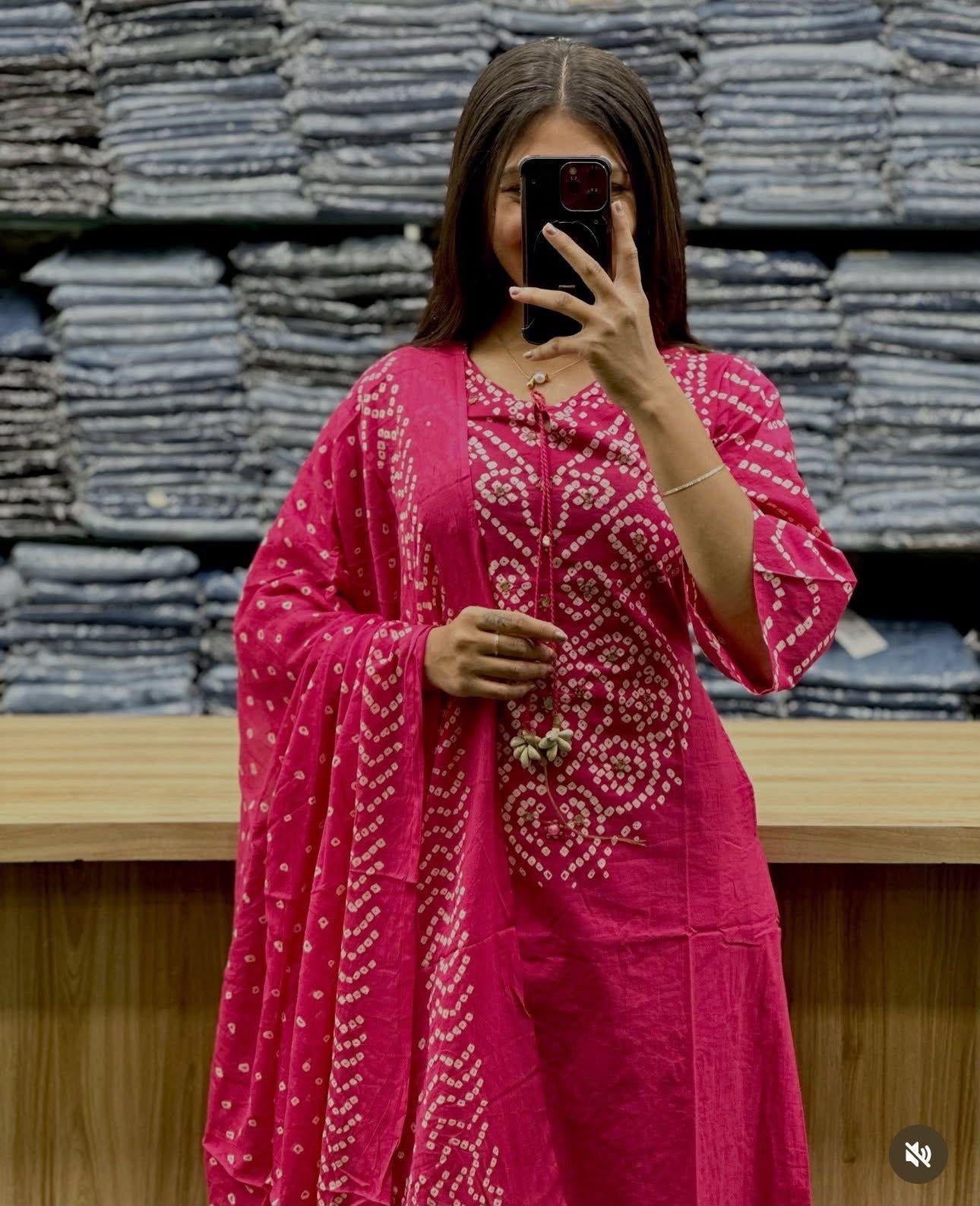 Bandhani Discharge Printed Cotton Suit Set with Pant & Dupatta