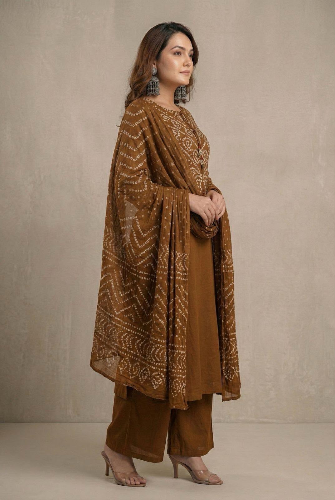 Bandhani Discharge Printed Cotton Suit Set with Pant & Dupatta