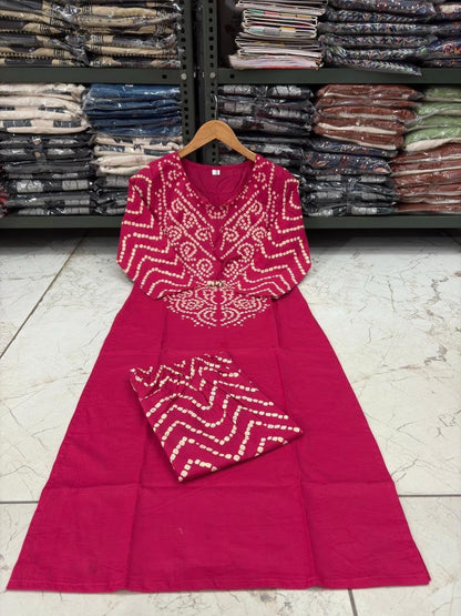 Bandhani Discharge Printed Cotton Suit Set with Pant & Dupatta