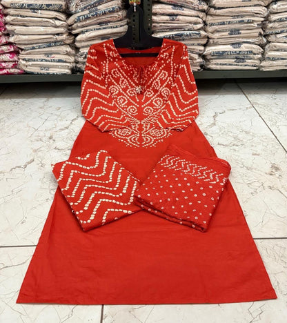Bandhani Discharge Printed Cotton Suit Set with Pant & Dupatta