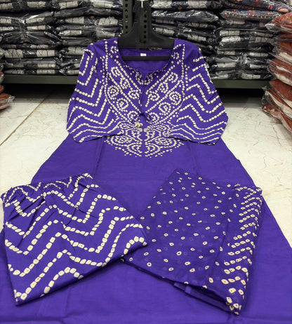 Bandhani Discharge Printed Cotton Suit Set with Pant & Dupatta