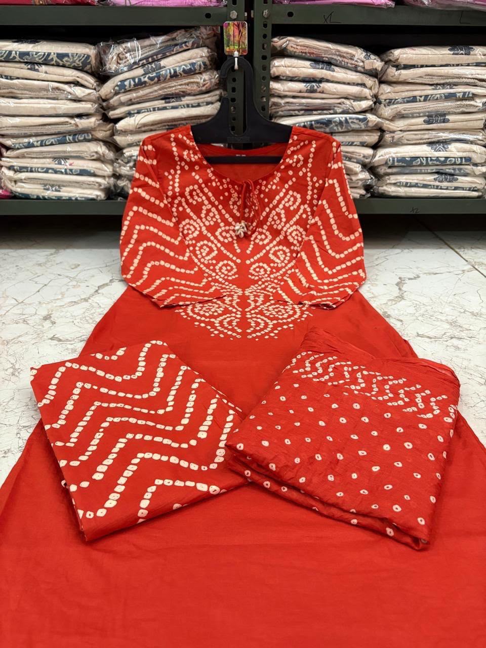 Bandhani Discharge Printed Cotton Suit Set with Pant & Dupatta