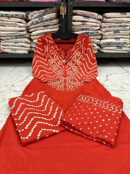 Bandhani Discharge Printed Cotton Suit Set with Pant & Dupatta