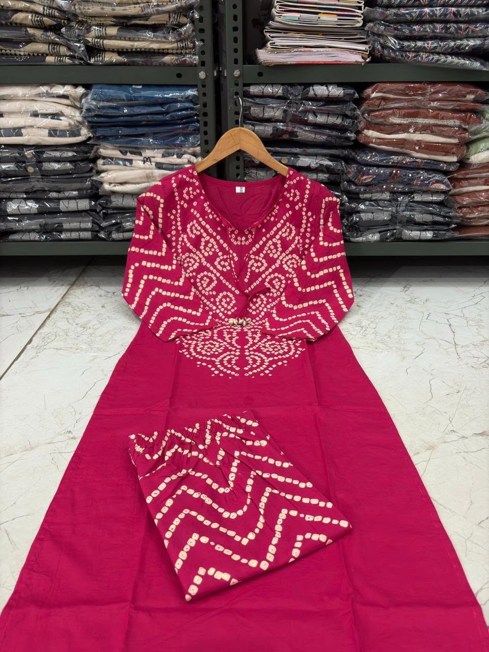 Bandhani Discharge Printed Cotton Suit Set with Pant & Dupatta