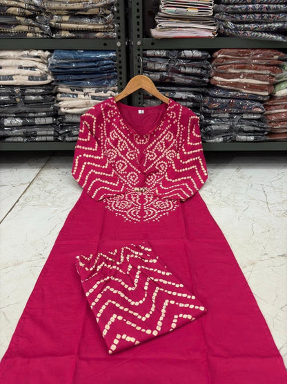 Bandhani Discharge Printed Cotton Suit Set with Pant & Dupatta