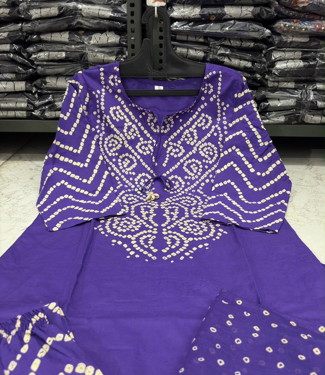 Bandhani Discharge Printed Cotton Suit Set with Pant & Dupatta