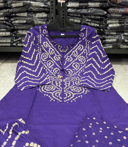 Bandhani Discharge Printed Cotton Suit Set with Pant & Dupatta