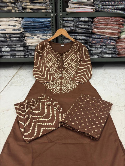 Bandhani Discharge Printed Cotton Suit Set with Pant & Dupatta