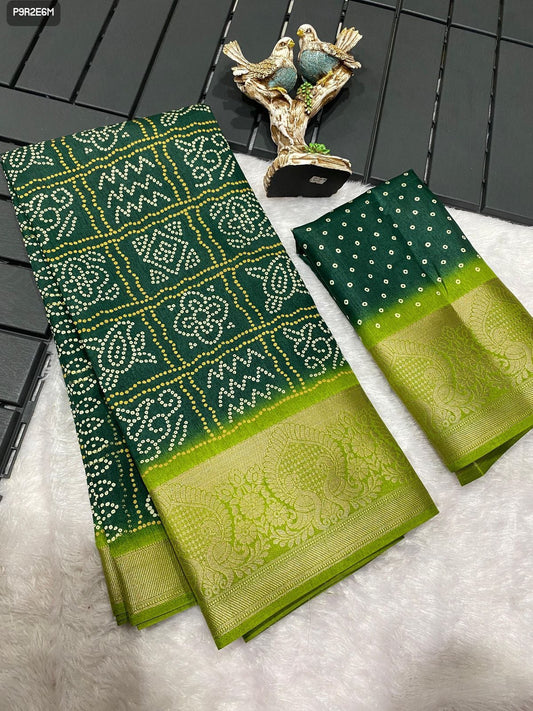 Bandhani Print Dola Cotton Saree with Kanjivaram Zari Border and Printed Blouse